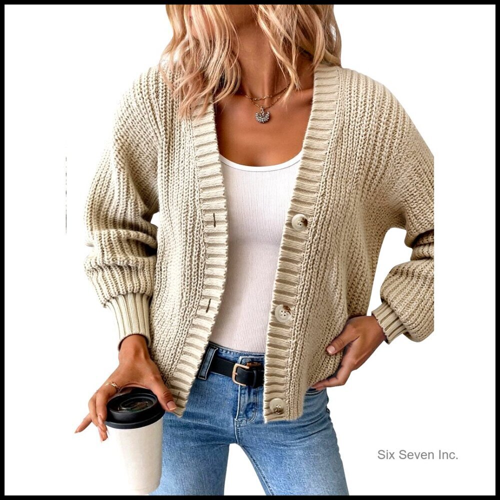 Chunky Knit Cardigan Oversized V Neck Waffle Texture Fall Sweater Layering